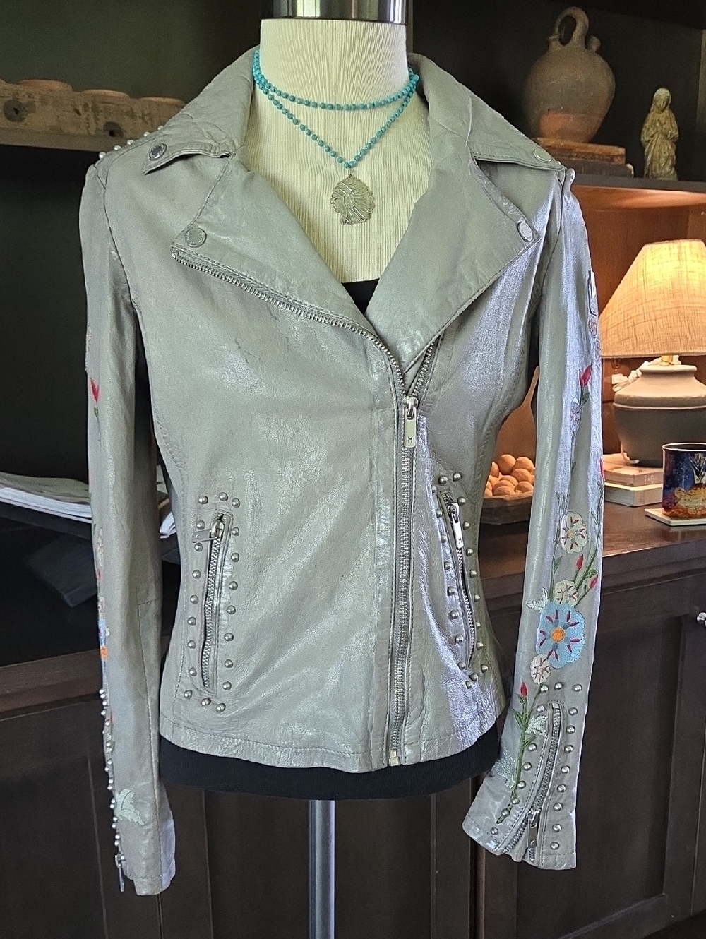 Mauritius Embroidered Gray Leather Moto Jacket